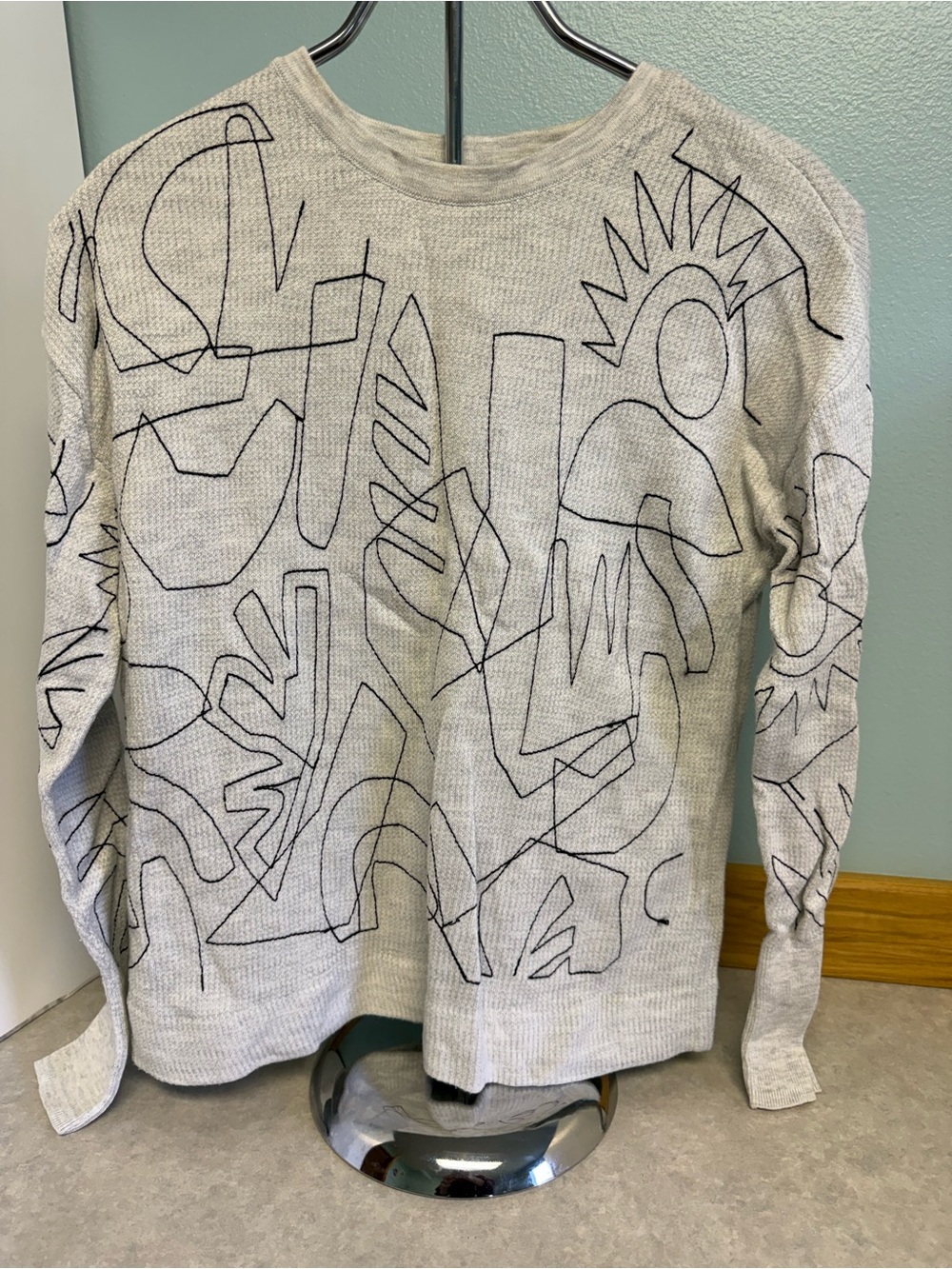 NIC+ZOE Abstract Embroidered Sweater S Gray Linen Blend